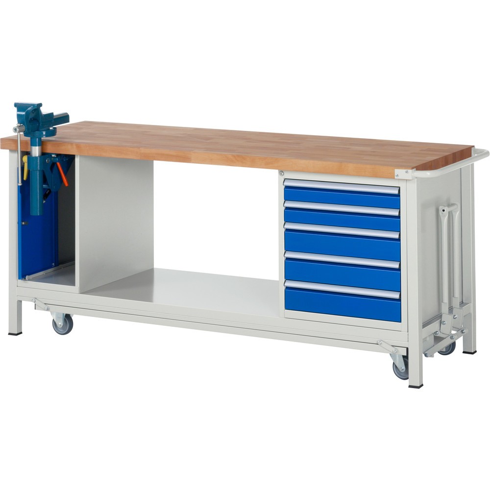 Produktabbildung: RAU Werkbank Serie 8000 mit absenkbarem Fahrgestell, 2 Container, 1 Ablageboden, HxBxT 880 x 2.000 x 700 mm, 5 x 90%-Auszug-Schubladen