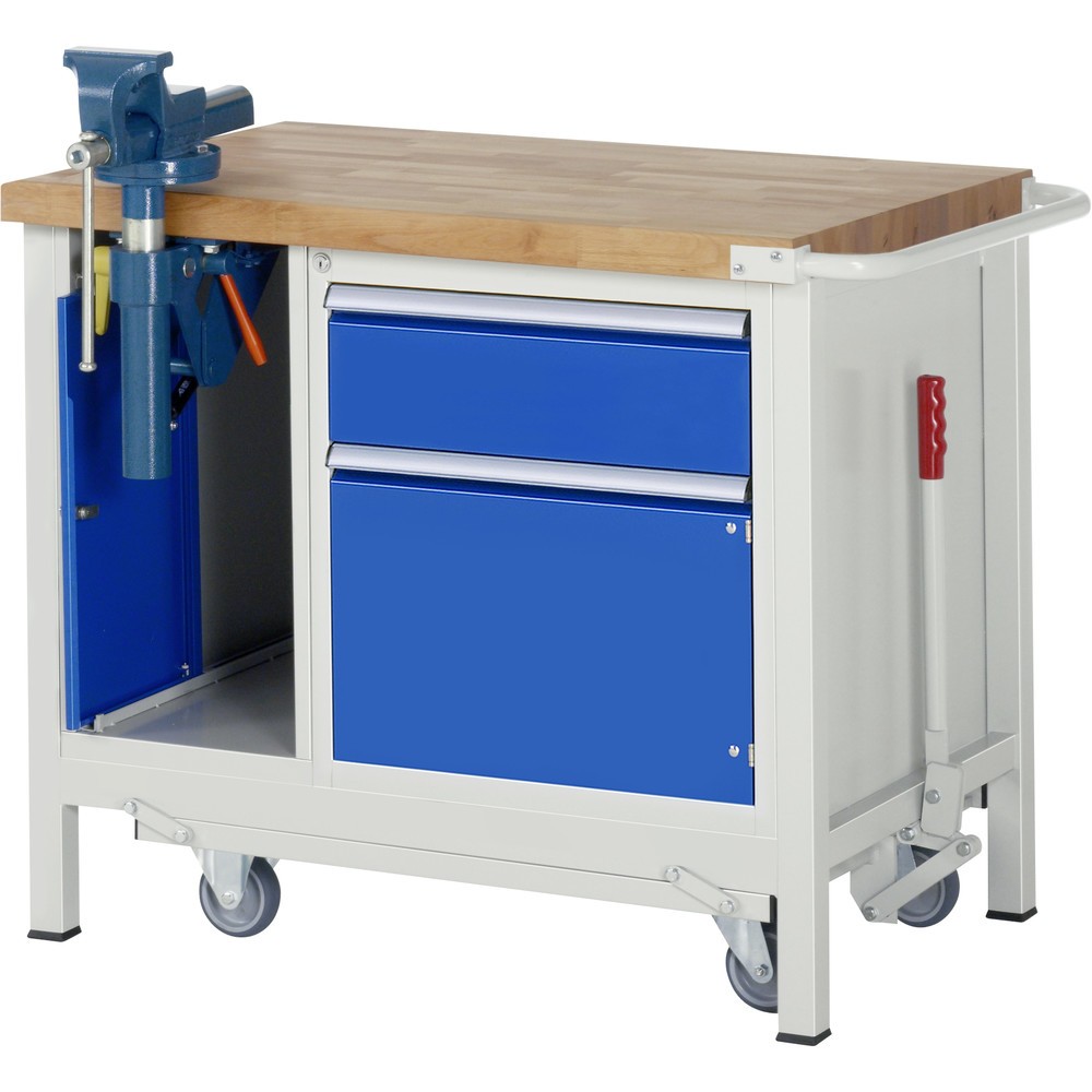 Produktabbildung: RAU Werkbank Serie 8000 mit absenkbarem Fahrgestell, 2 Container, HxBxT 880 x 1.000 x 700 mm, 1 Flügeltür, 1 x 90% Auszugs-Schublade, Schraubstock