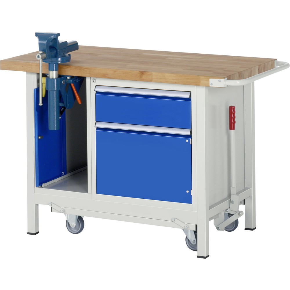 Produktabbildung: RAU Werkbank Serie 8000 mit absenkbarem Fahrgestell, 2 Container, HxBxT 880 x 1.250 x 700 mm, 1 Flügeltür, 1 x 90% Auszugs-Schublade, Schraubstock