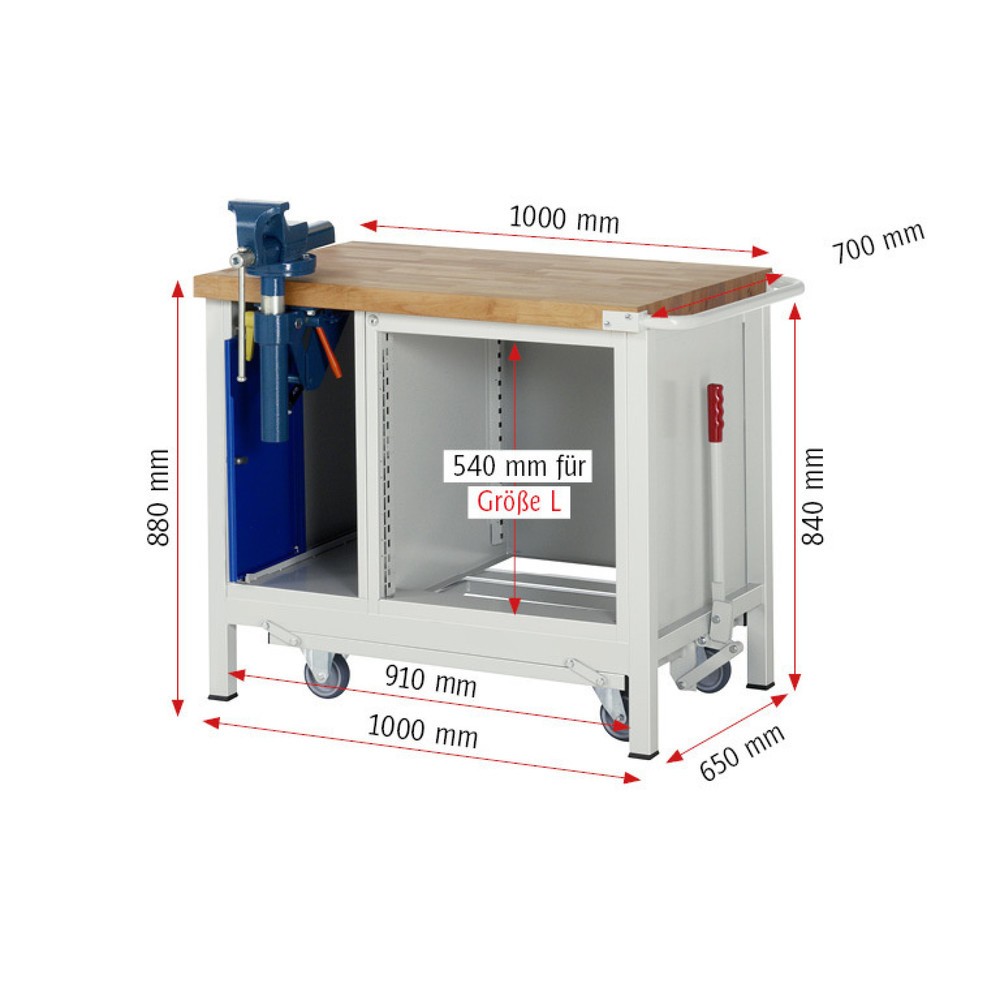 Produktabbildung Nr. 11: RAU Werkbank Serie 8000 mit absenkbarem Fahrgestell, 2 Container, HxBxT 880 x 1.000 x 700 mm, 5 Schubladen, Schraubstock