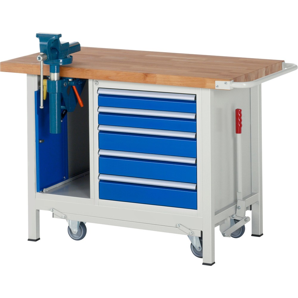 Produktabbildung: RAU Werkbank Serie 8000 mit absenkbarem Fahrgestell, 2 Container, HxBxT 880 x 1.250 x 700 mm, 5 Schubladen, Schraubstock