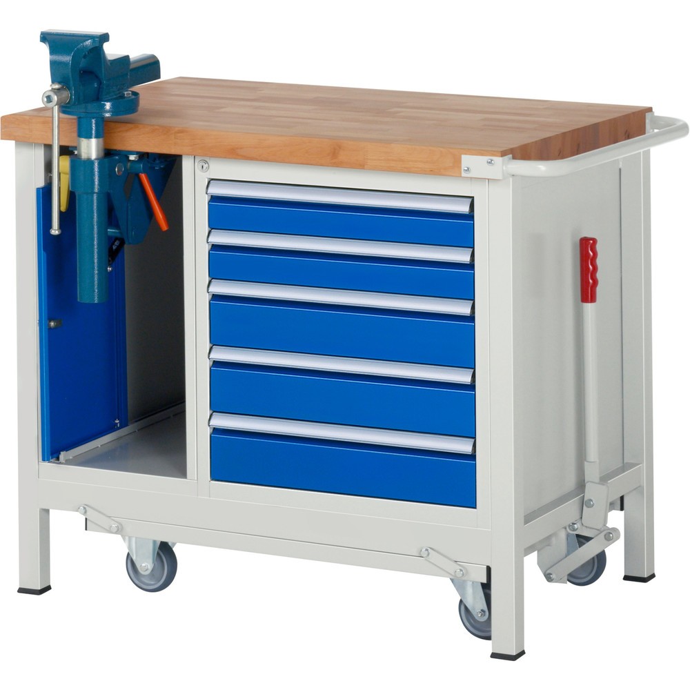 Produktabbildung: RAU Werkbank Serie 8000 mit absenkbarem Fahrgestell, 2 Container, HxBxT 880 x 1.000 x 700 mm, 5 x 90%-Auszug-Schubladen