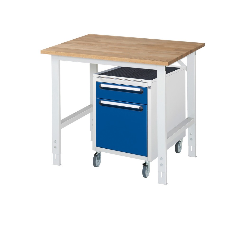 Produktabbildung: RAU Werkstatt-Set TOM 2-teilig, mit Werktisch, HxBxT 760-1.080 x 1.000 x 800 mm, Arbeitsplatte Buche-Massiv, zzgl. Roll-Container mit 2 Schubladen, HxBxT 690 x 480 x 600 mm