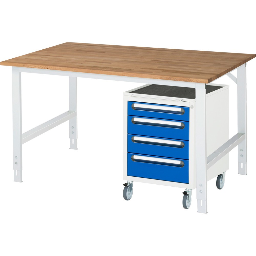 Produktabbildung Nr. 1: RAU Werkstatt-Set TOM 2-teilig, mit Werktisch, HxBxT 760-1.080 x 1.500 x 800 mm, Arbeitsplatte Buche-Massiv, zzgl. Roll-Container mit 3 Schubladen, HxBxT 690 x 480 x 600 mm