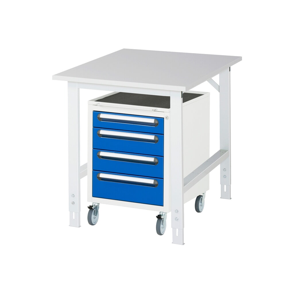 Produktabbildung: RAU Werkstatt-Set TOM 2-teilig, mit Werktisch, HxBxT 760-1.080 x 750 x 1.000 mm, Arbeitsplatte Melamin-Belag, zzgl. Roll-Container mit 3 Schubladen, HxBxT 690 x 480 x 600 mm