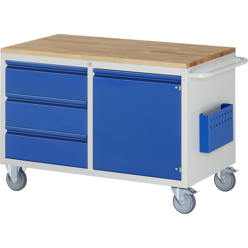 Produktabbildung: RAU Werkstattwagen Serie 7000, HxBxT 795 x 1.145 x 650 mm, 1 Flügeltür, 3 x 90%-Auszug-Schubladen Teilauszug, Arbeitsplatte Buche, Griffleiste