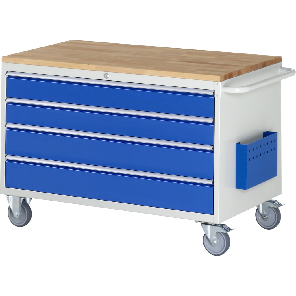 Produktabbildung: RAU Werkstattwagen Serie 7000, HxBxT 795 x 1.145 x 650 mm, 4 x 90%-Auszug-Schubladen 2 x 120, 2 x 150 mm, Arbeitsplatte Buche
