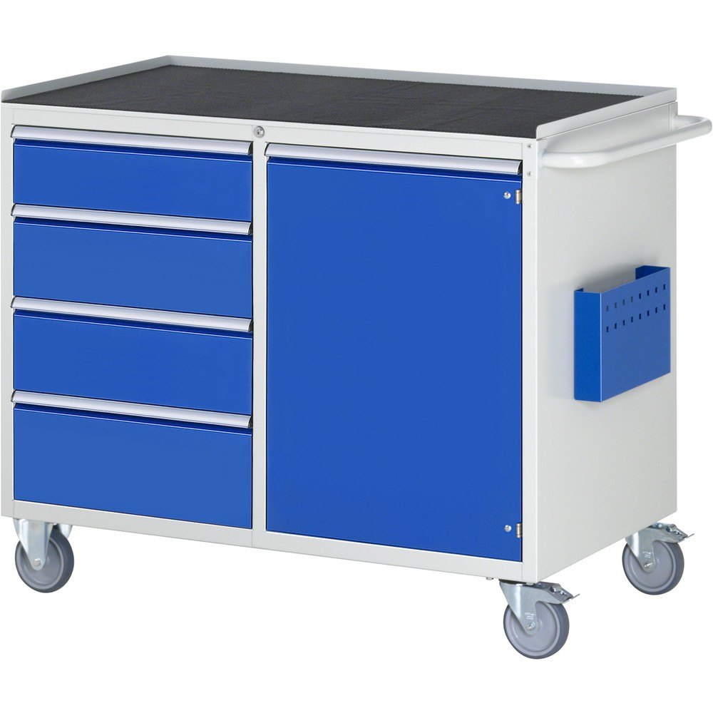 Produktabbildung: RAU Werkstattwagen Serie 7000, HxBxT 975 x 1.145 x 650 mm, 1 Flügeltür, 4 x 90%-Auszug-Schubladen 1 x 150, 2 x 180, 1 x 210 mm, Arbeitsplatte Metall