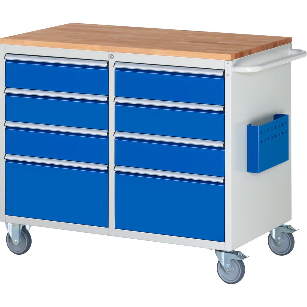 RAU Werkstattwagen Serie 7000, HxBxT 975 x 1.145 x 650 mm, 8 x 90%-Auszug-Schubladen 6 x 150, 2 x 270 mm, Arbeitsplatte Buche Produktabbildung: RAU Werkstattwagen Serie 7000, HxBxT 975 x 1.145 x 650 mm, 8 x 90%-Auszug-Schubladen 6 x 150, 2 x 270 mm, Arbeitsplatte Buche