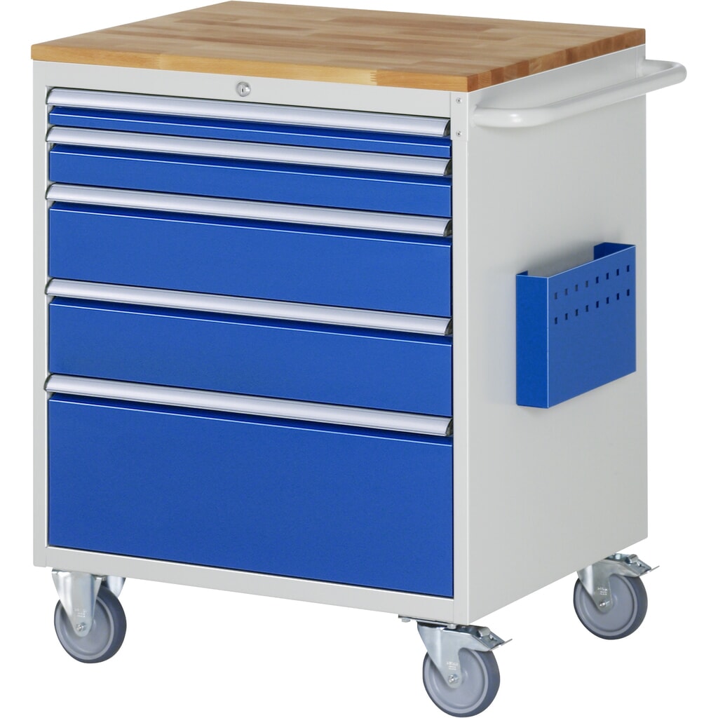 Produktabbildung: RAU Werkstattwagen Serie 7000, HxBxT 975 x 770 x 650 mm, 5 x 90%-Auszug-Schubladen 1 x 60, 1 x 90, 2 x 150, 1 x 270 mm, Arbeitsplatte Buche