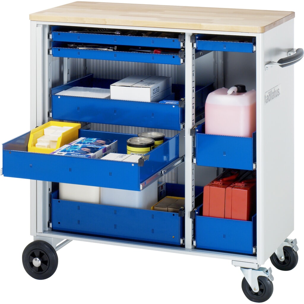 Produktabbildung: RAU Werkzeugwagen Serie adlatus, HxBxT 1.080 x 1.025 x 520 mm, 8 Schubladen 3 x 40, 2 x 105, 3 x 130 mm, Arbeitsplatte Buche