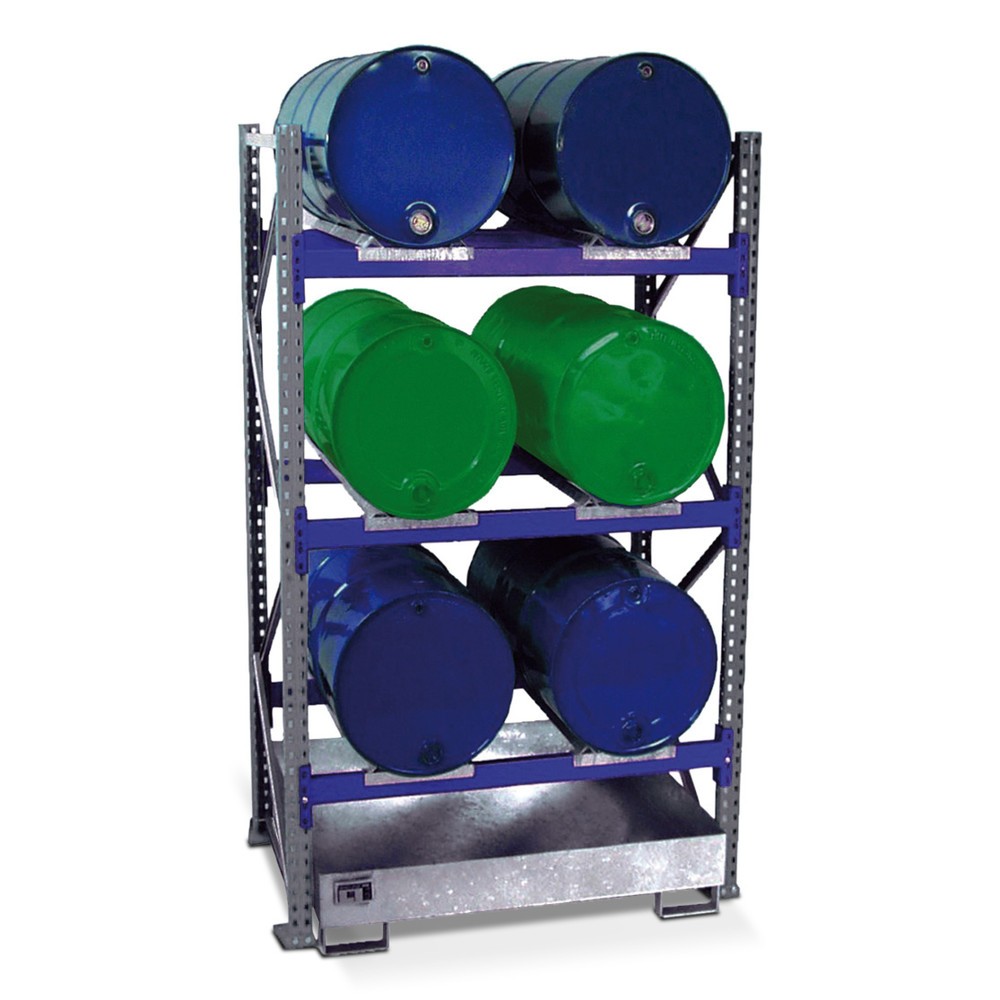 Illustration du produit: Rayonnage à fûts, bac de rétention compris, module de base, 3 niveaux, sans caillebotis grille 6 x 200 l couchés