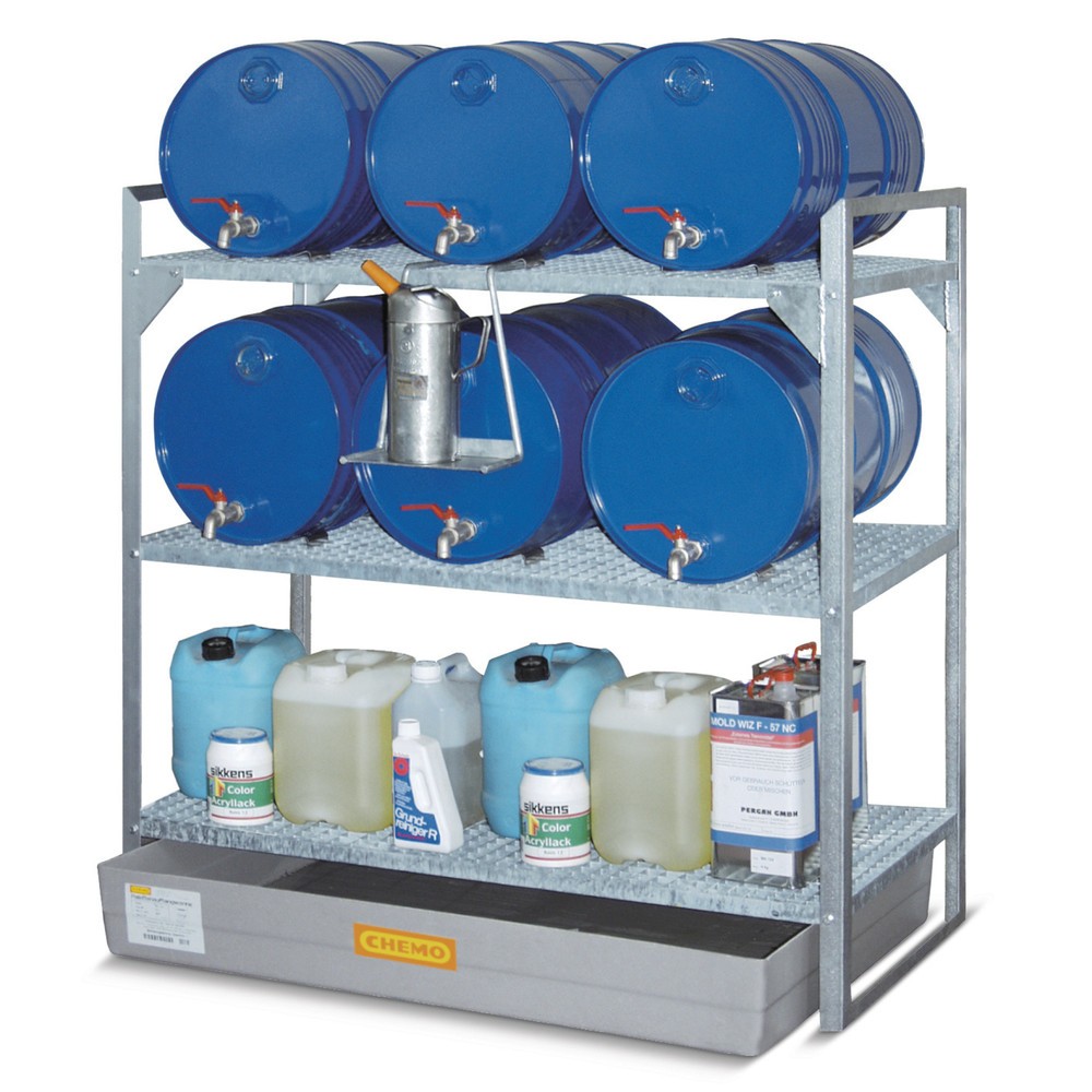 N° de l'image du produit 2 : Rayonnage à fûts CEMO pour produits dangereux, bac collecteur en PRV, pour 6 fûts de 60 l, 2 caillebotis