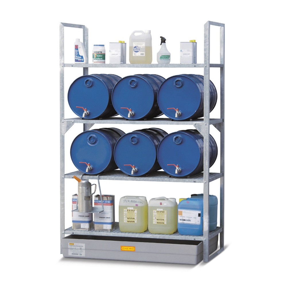 N° de l'image du produit 2 : Rayonnage à fûts CEMO pour produits dangereux, bac collecteur en PRV, pour 6 fûts de 60 l, 3 caillebotis
