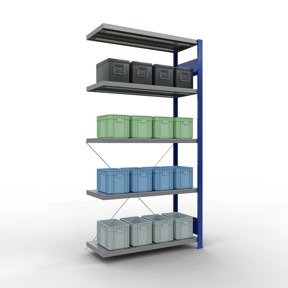 N° de l'image du produit 3 : Rayonnage à tablettes SCHULTE, montage par enfichage, travée auxiliaire, charge par tablette 330 kg, bleu gentiane/galvanisé, H x l x P 2000 x 1000 x 400 mm