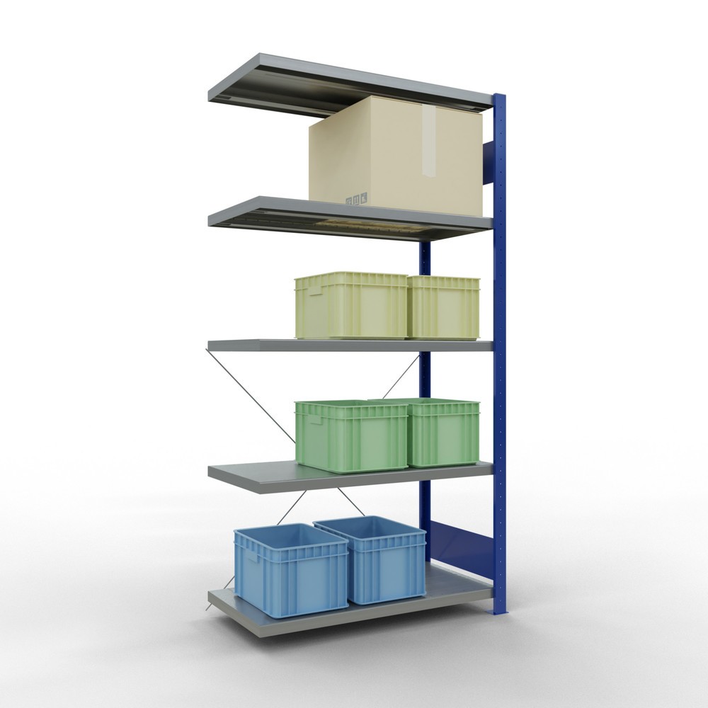 N° de l'image du produit 3 : Rayonnage à tablettes SCHULTE, montage par enfichage, travée auxiliaire, charge par tablette 330 kg, bleu gentiane/galvanisé, H x l x P 2000 x 1000 x 500 mm