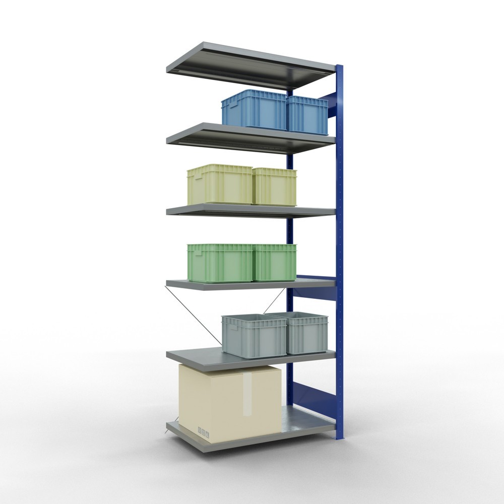 N° de l'image du produit 3 : Rayonnage à tablettes SCHULTE, montage par enfichage, travée auxiliaire, charge par tablette 330 kg, bleu gentiane/galvanisé, H x l x P 2 500 x 1000 x 600 mm