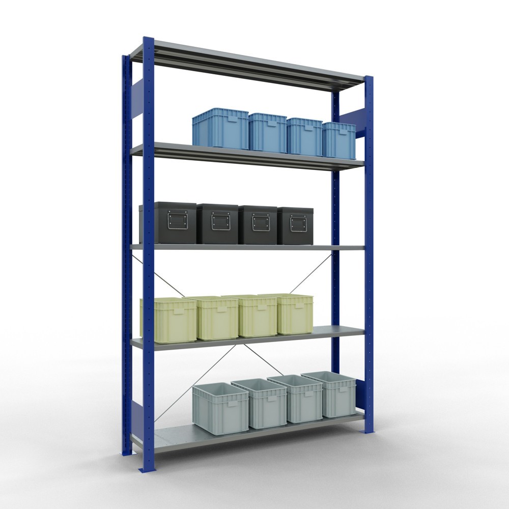 N° de l'image du produit 4 : SCHULTE Rayonnage à tablettes, bleu gentiane / galvanisé, avec 5 tablettes en tôle d’acier, charge par tablette 150 kg, HxlxP 2 000 x 1 360 x 336 mm