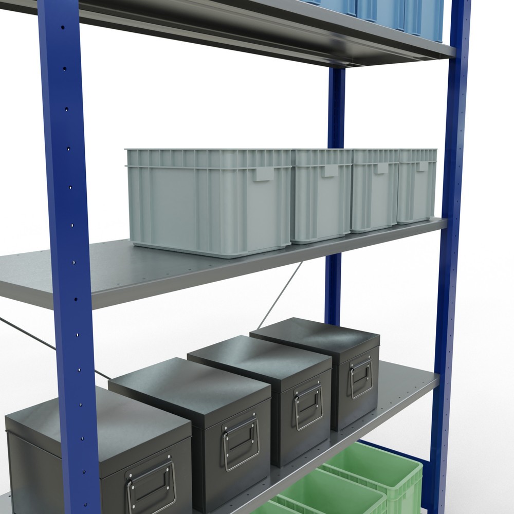 N° de l'image du produit 4 : SCHULTE Rayonnage à tablettes, bleu gentiane / galvanisé, avec 5 tablettes en tôle d’acier, charge par tablette 150 kg, HxlxP 2 000 x 1 360 x 436 mm