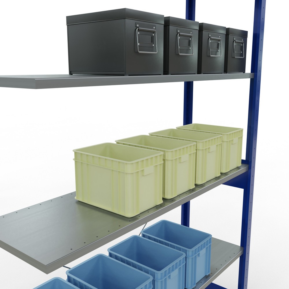 N° de l'image du produit 4 : Rayonnage à tablettes SCHULTE, travée auxiliaire, bleu gentiane/galvanisé, CT 150 kg, HxlxP 2 500 x 1 300 x 400 mm