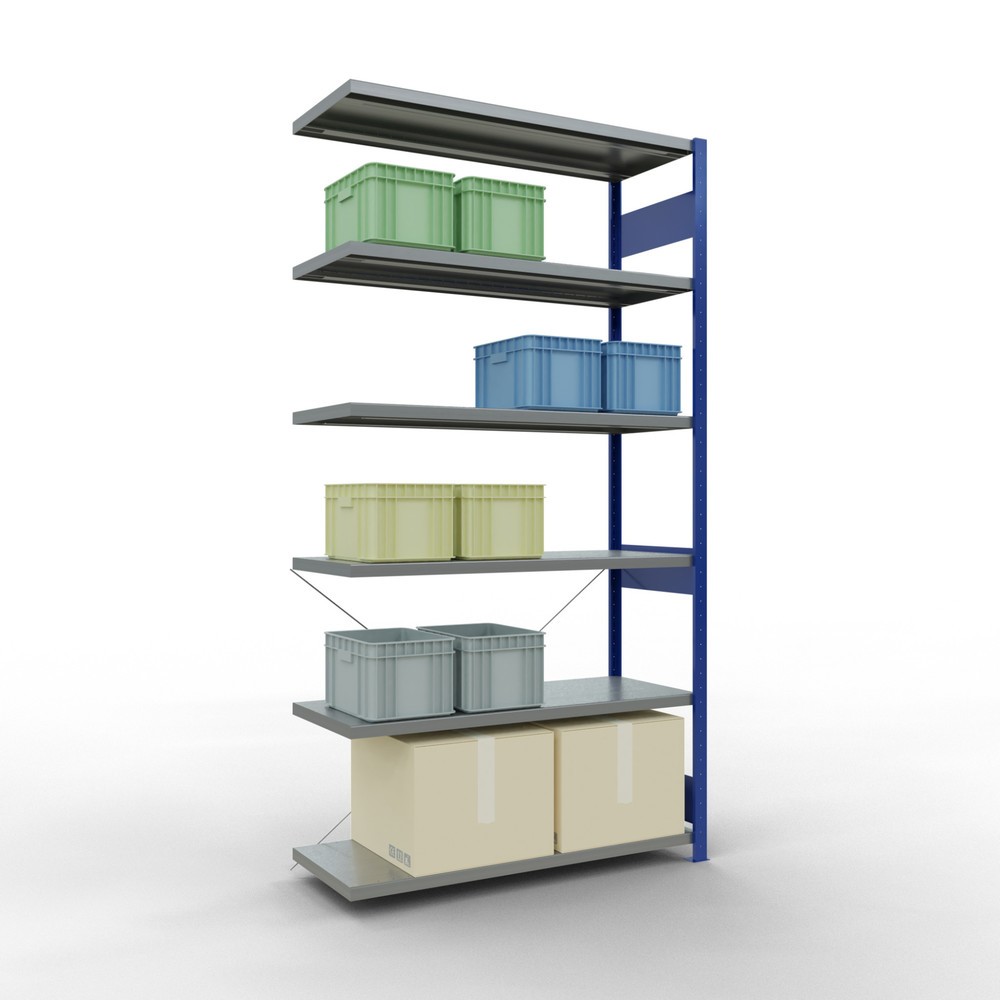N° de l'image du produit 3 : Rayonnage à tablettes SCHULTE, travée auxiliaire, bleu gentiane/galvanisé, CT 250 kg, HxlxP 2 500 x 1 300 x 500 mm