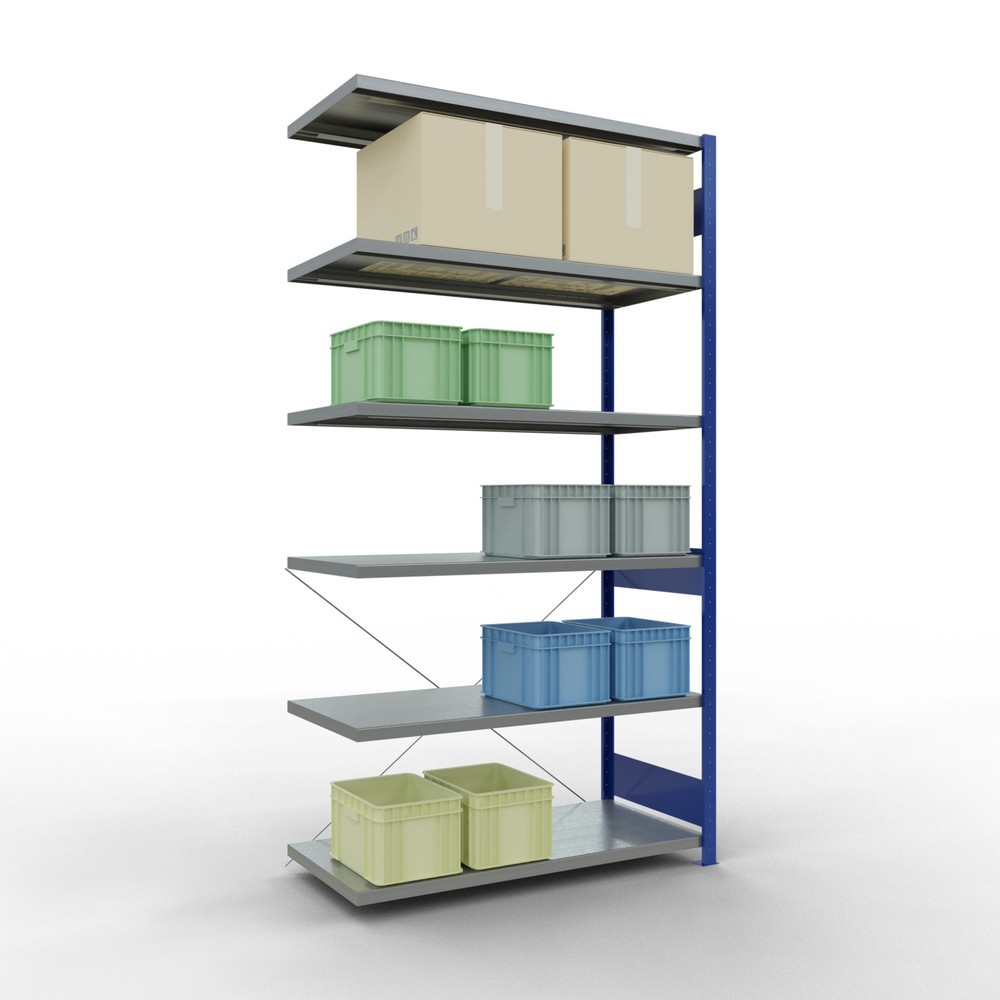 N° de l'image du produit 3 : Rayonnage à tablettes SCHULTE, travée auxiliaire, bleu gentiane/galvanisé, CT 250 kg, HxlxP 2 500 x 1 300 x 600 mm