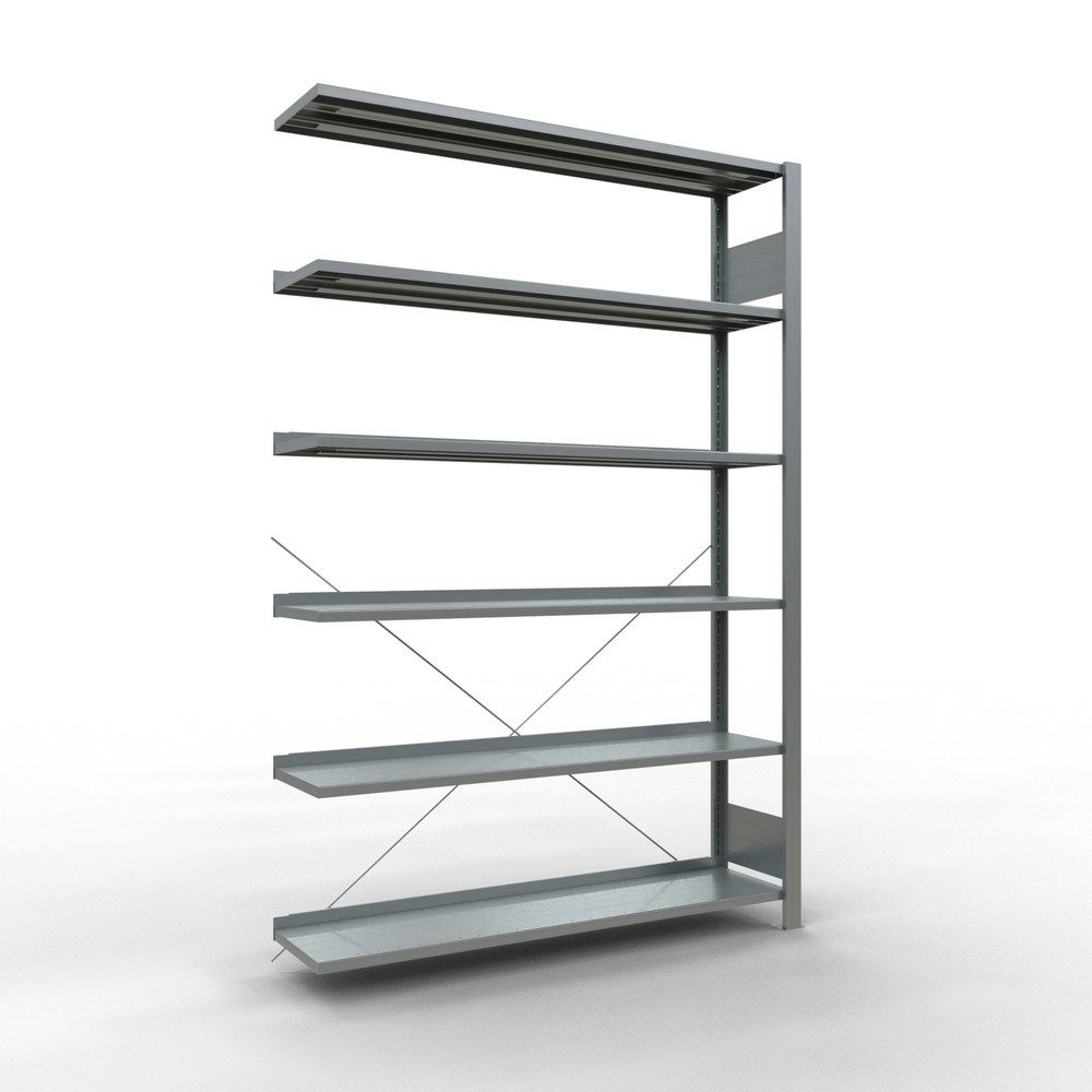 Illustration du produit: Rayonnage de bureau SCHULTE travée auxiliaire, utilisable d’un seul côté, avec barres de butée, CT 85 kg, HxlxP 2 000 x 1 300 x 300 mm