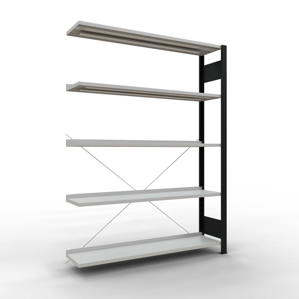 Illustration du produit: Rayonnage de bureau SCHULTE travée auxiliaire, utilisable d’un seul côté, avec barres de butée, CT 85 kg, noir, HxlxP 1 800 x 1 300 x 300 mm