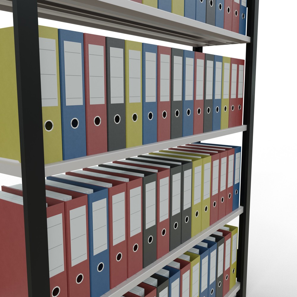 N° de l'image du produit 3 : Rayonnage de bureau SCHULTE travée de base, utilisable d’un seul côté, avec barres de butée, CT 85 kg, noir, HxlxP 1 800 x 1 300 x 300 mm