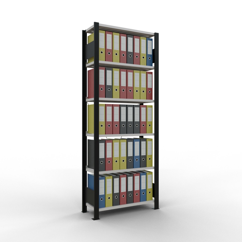 N° de l'image du produit 2 : Rayonnage de bureau SCHULTE travée de base, utilisable d’un seul côté, avec barres de butée, CT 85 kg, noir, HxlxP 2 000 x 750 x 300 mm