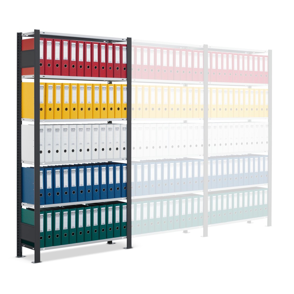 N° de l'image du produit 5 : Rayonnage de bureau SCHULTE travée de base, utilisable d’un seul côté, sans barres de butée, CT 85 kg, noir, HxlxP 1 800 x 750 x 300 mm