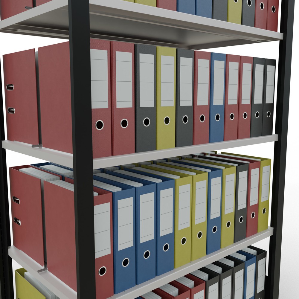 N° de l'image du produit 3 : Rayonnage de bureau SCHULTE travée de base, utilisable des deux cotés, avec butées centrales, CT 150 kg, noir, HxlxP 1 800 x 1 000 x 600 mm