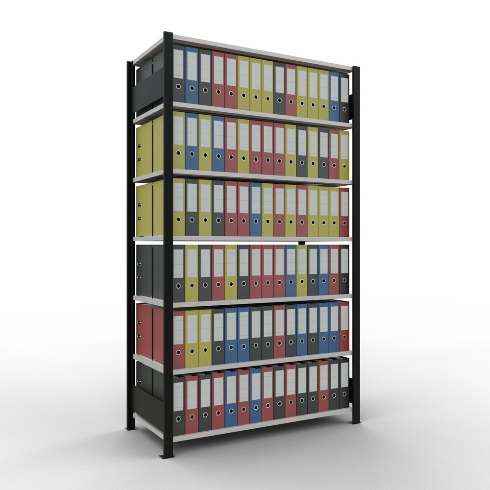 N° de l'image du produit 2 : Rayonnage de bureau SCHULTE travée de base, utilisable des deux côtés, sans butées centrales, CT 150 kg, noir, HxlxP 2 300 x 1 300 x 600 mm