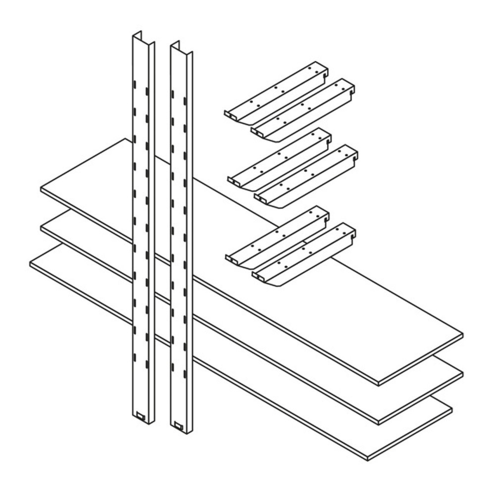 Illustration du produit: Rayonnage de stockage 2 000 - 3 niveaux, pour conteneurs de matériel XL + XXL, 3 niveaux, 2 colonnes de rayonnage, 6 bras porteurs en tôle d'acier galvanisée, 3 tablettes en bois 2 000 x 500 mm