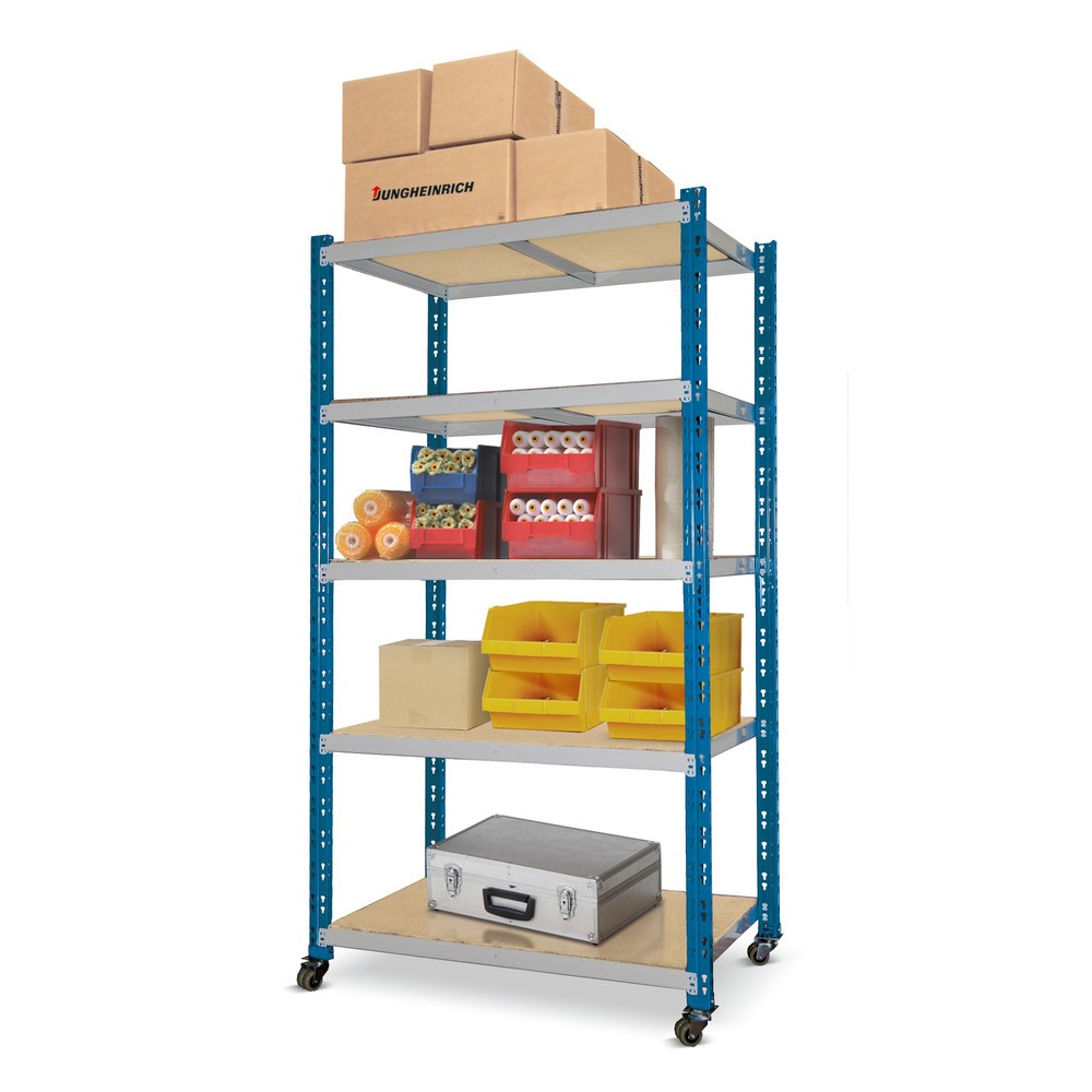 Illustration du produit: Rayonnage à tablettes mobile bleu gentiane avec 3 tablettes en panneau aggloméré, charge par tablette 300 kg, HxlxP 900 x 1 000 x 600 mm