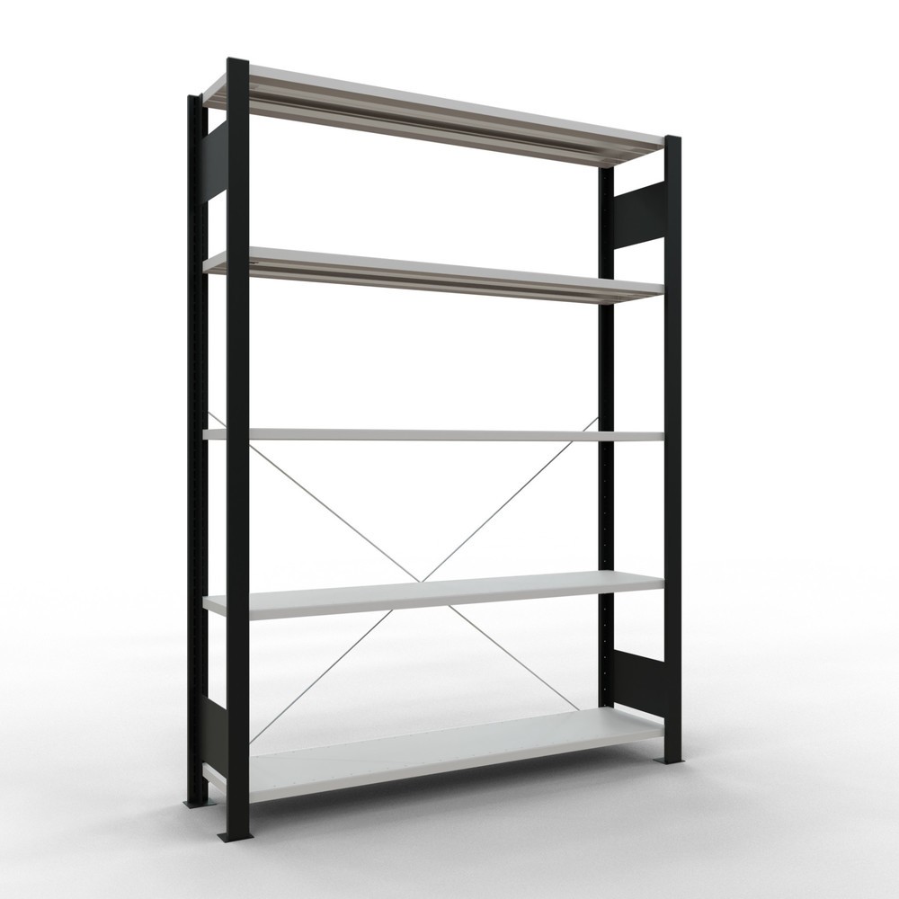 Obrázek produktu: Regál na spisy SCHULTE základní pole, jednostranný, bez koncových dorazů, nosnost police 85 kg, černá, VxŠxH 1800 x 1300 x 300 mm