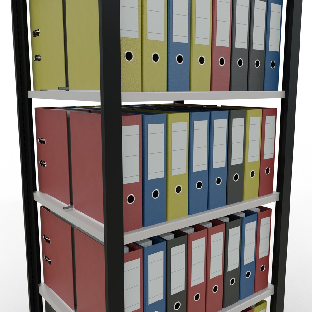 Číslo obrázku produktu 3: Regál na spisy SCHULTE základní pole, dvoustranné provedení, středové dorazy, nosnost police 150 kg, černá, VxŠxH 2000 x 750 x 600 mm