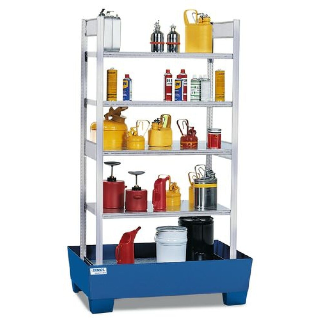 Denios Gefahrstoff-Kleingebinderegal, 4 Gitterroste, Auffangwanne lackiert, HxBxT 2.100 x 1.236 x 816 mm Produktabbildung: Denios Gefahrstoff-Kleingebinderegal, 4 Gitterroste, Auffangwanne lackiert, HxBxT 2.100 x 1.236 x 816 mm