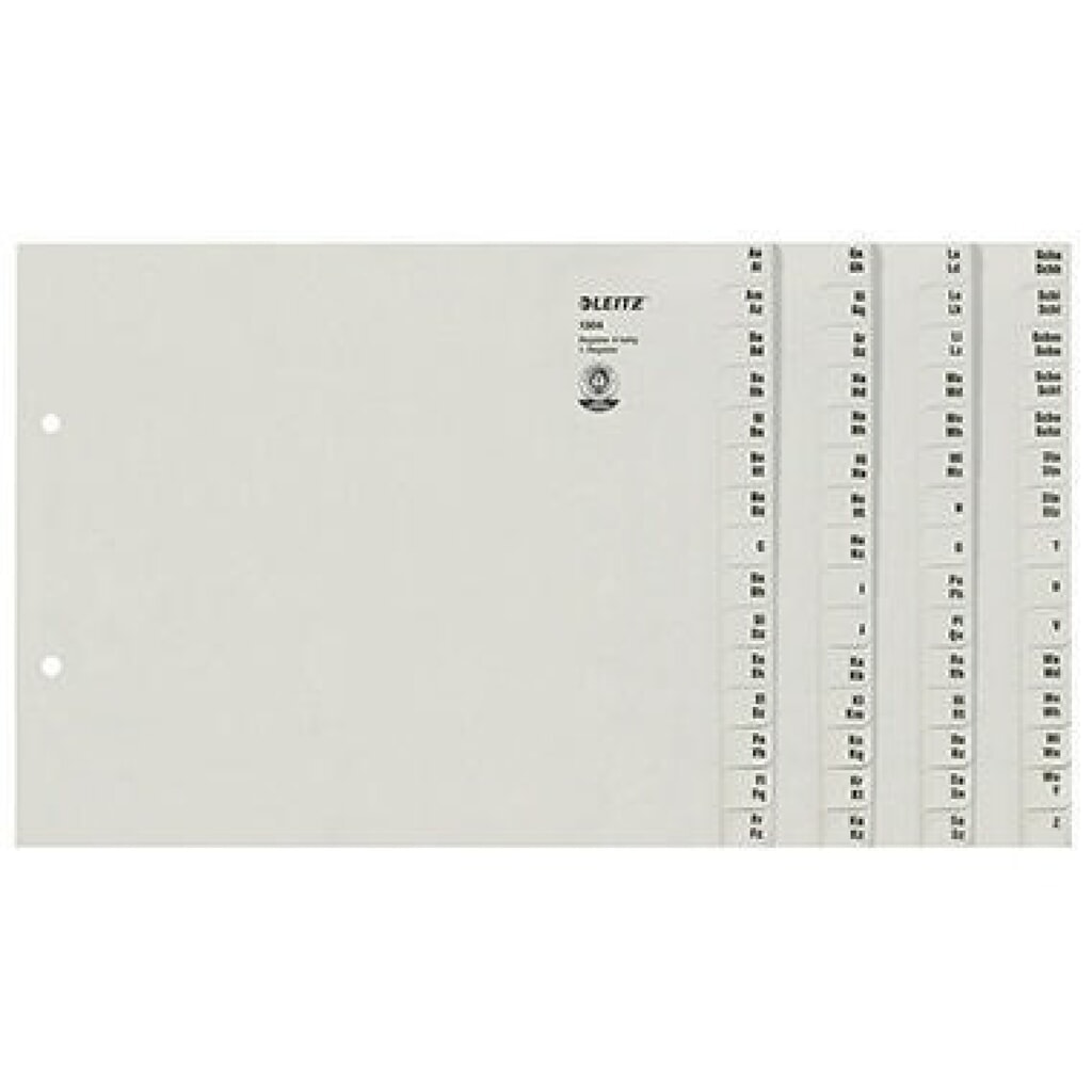 Leitz Registerserie 13040085 DIN A4 A-Z für 4Ordner Tauenpapier grau Produktabbildung: Leitz Registerserie 13040085 DIN A4 A-Z für 4Ordner Tauenpapier grau