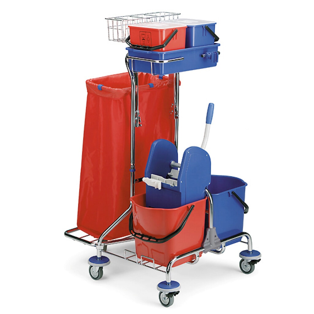Reinigungswagen Universal IV, verchromt, 2x 15 Liter mit Mopp-Presse + 2x 6 Liter Produktabbildung: Reinigungswagen Universal IV, verchromt, 2x 15 Liter mit Mopp-Presse + 2x 6 Liter