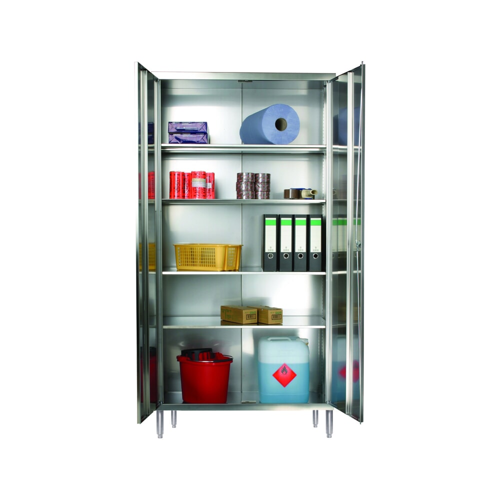 Produktabbildung: Reinsch Flügeltürenschrank aus Edelstahl, 2-flügelig, 4 Einlegeböden, HxBxT 2.000 x 1.000 x 400 mm, höhenverstellbare Füße