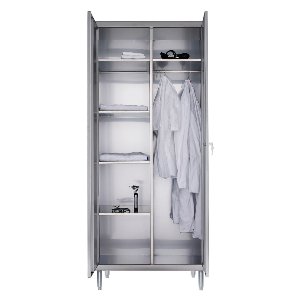 Produktabbildung: Reinsch Kleiderschrank aus Edelstahl, 2-flügelig, 1 Kleiderstange, 5 Böden, HxBxT 1.850 x 800 x 500 mm, höhenverstellbare Füße