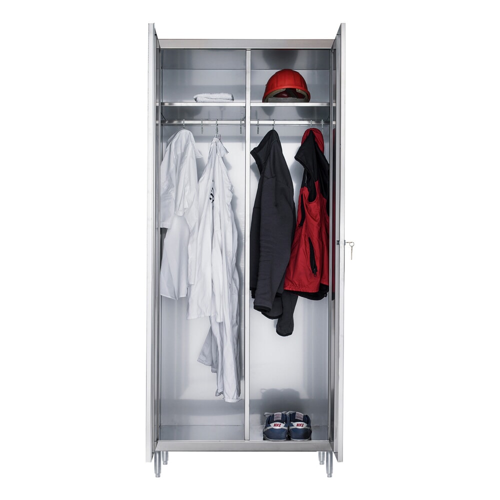 Produktabbildung: Reinsch Kleiderspind aus Edelstahl, 2 Kleiderstangen, 2 Hutböden, HxBxT 1.850 x 800 x 500 mm, höhenverstellbare Füße