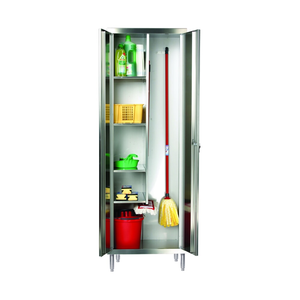 Produktabbildung: Reinsch Putzmittelschrank aus Edelstahl, 2-flügelig, 4 Einlegeböden, HxBxT 1.850 x 600 x 500 mm, höhenverstellbare Füße