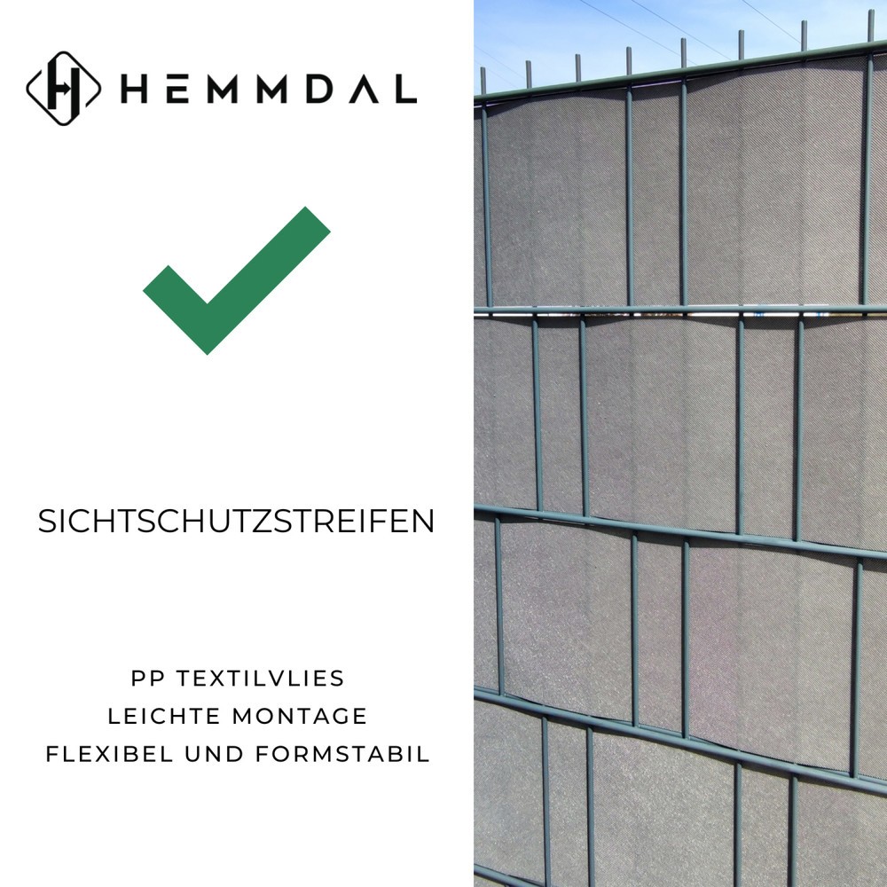 Produktabbildung Nr. 2: Restposten - Zwischenverkauf vorbehalten: HEMMDAL PP Textilvlies Sichtschutzstreifen, anthrazit - 0,19 x 100 m - Premium - inkl. 80 Clipsen