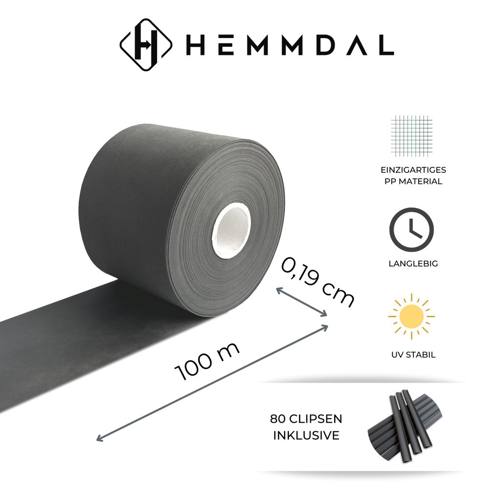 Produktabbildung Nr. 4: Restposten - Zwischenverkauf vorbehalten: HEMMDAL PP Textilvlies Sichtschutzstreifen, anthrazit - 0,19 x 100 m - Premium - inkl. 80 Clipsen