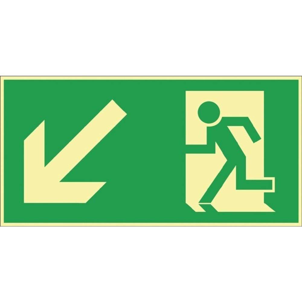Produktabbildung: Rettungszeichen BGV A8, Rettungsweg links abwärts, L297xB148 mm, Kunststoff