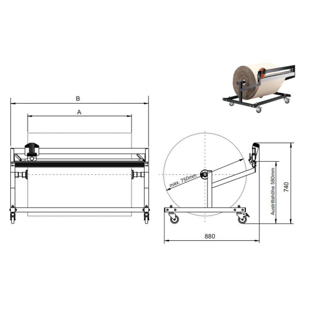 Číslo obrázku produktu 4: Rocholz standardní podstolový řezací stojan, mobilní provedení, Hmotnost válečků max. 200 kg, šířka řezu 750 mm