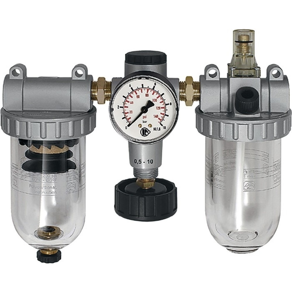 Produktabbildung: RIEGLER Wartungseinheit Standard, BG I 3-tlg., Gewinde 3/8 ″ halbautomatisch, 600 l/min Breite 185 mm