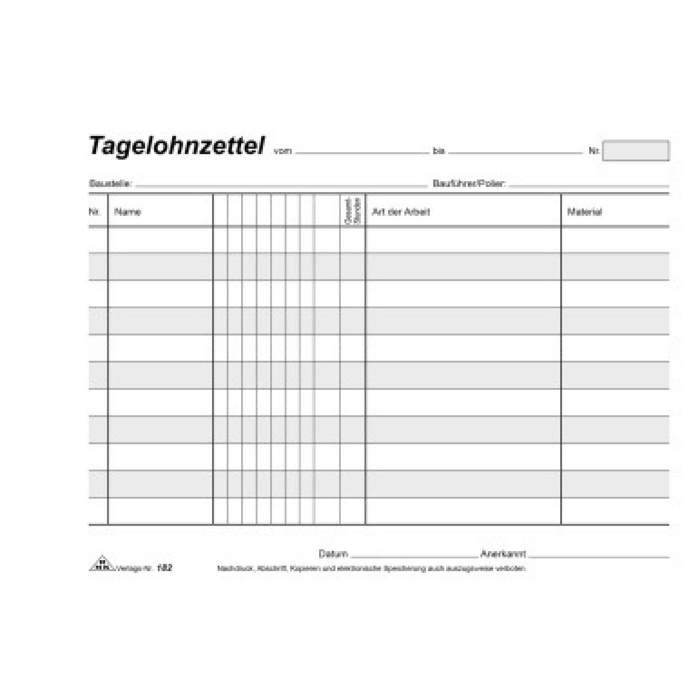 Produktabbildung: RNK Tagelohnblock 182 DIN A5 quer SD 3x40Bl.